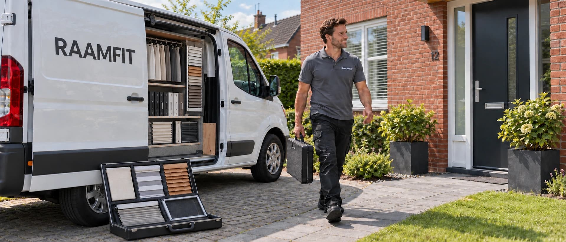 RAAMFIT adviseur neemt een koffer met raamdecoratiestalen mee naar een woning