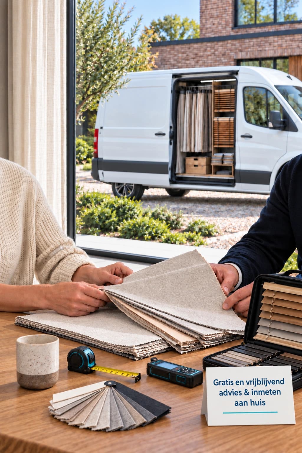 RAAMFIT advies aan huis met stalen en meetgereedschap